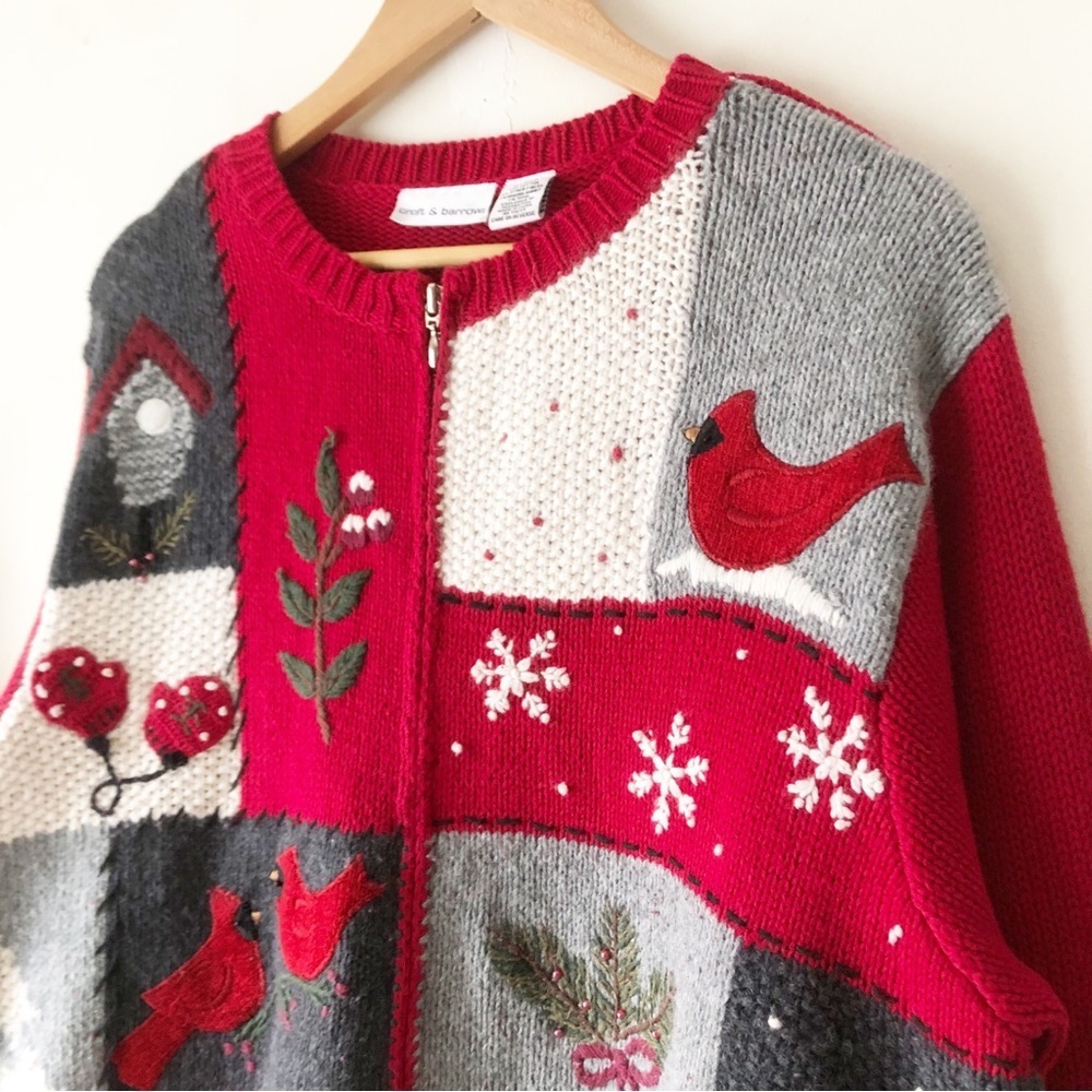 Vintage Croft Barrow Red Winter Patchwork Cardinal Snowflake Full Zip Sweater XL - Picture 8 of 14